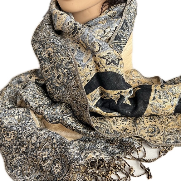 Metallic Pashmina Scarf / Shawl / Wrap | Gold / Bronze / Black | 28"W x 64”L - Picture 2 of 16